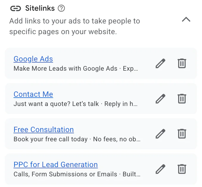 Sitelinks edit section in a Google Ads campaign