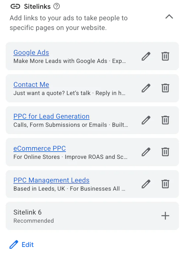 Sitelinks example on Google Ads