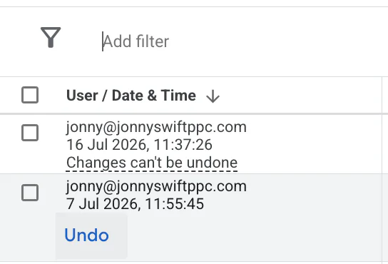 Undo changes area on Google Ads