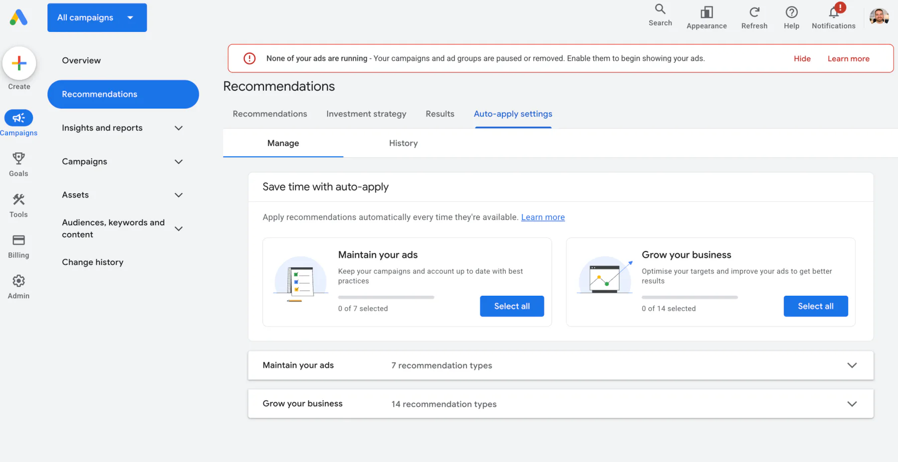 Where to find Google Ads auto apply settings
