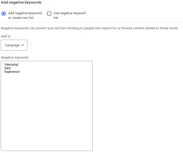 Work negative keywords
